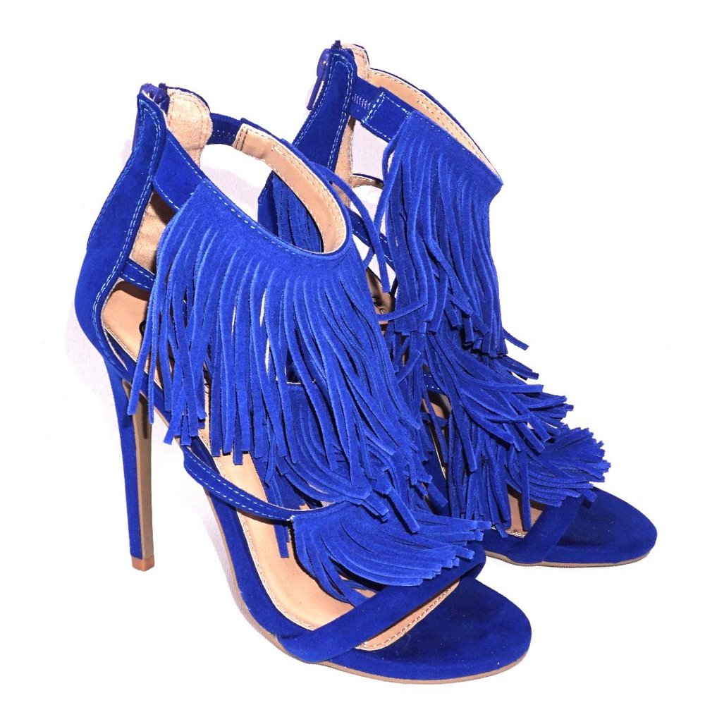 Candie's Shakey Cobalt Suede Fringe Strappy High Heeled Sandals Worn Once  Sz: 7